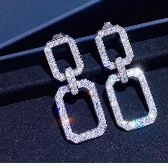 NEW Silver Double Square Round Diamond Earrings - Picture 6 of 9